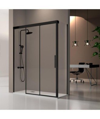 Paroi de douche noire 1 porte fixe et 2 portes coulissantes avec côté fixe Fénix