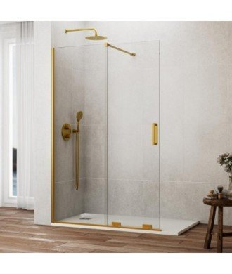 Paroi de douche fixe Kenna en or brossé avec porte coulissante sans serrure