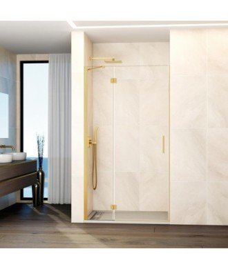 Paroi de douche en or brossé, 1 fixe + 1 articulée, charnières en verre