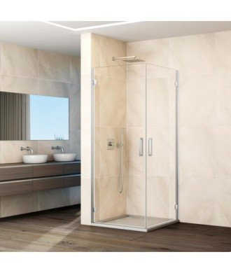 Paroi de douche d'angle avec 2 portes battantes et charnières en verre